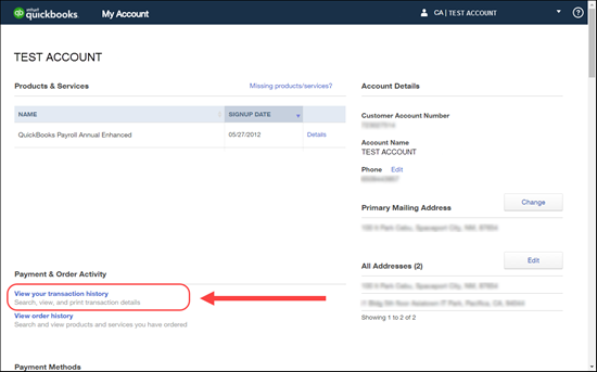 View your transaction history is selected in Payment & Order Activity section